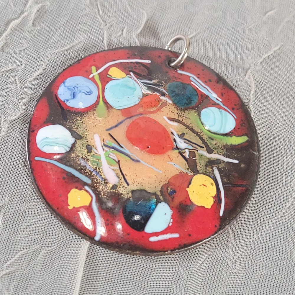 Enamel Copper Pendant Red Abstract Splatter Round Mid Century Modern Jewlery